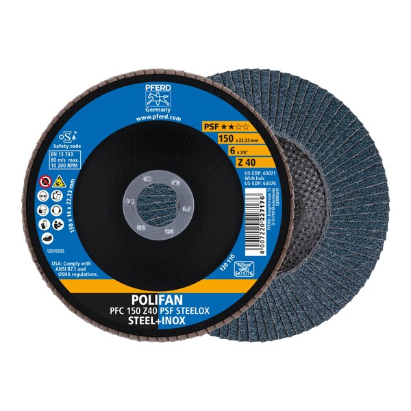 Pferd 6" x 7/8" A.H. POLIFAN Flap Disc - Z PSF STEELOX, Zirconia, 40 Grit, Conical 63071 - main